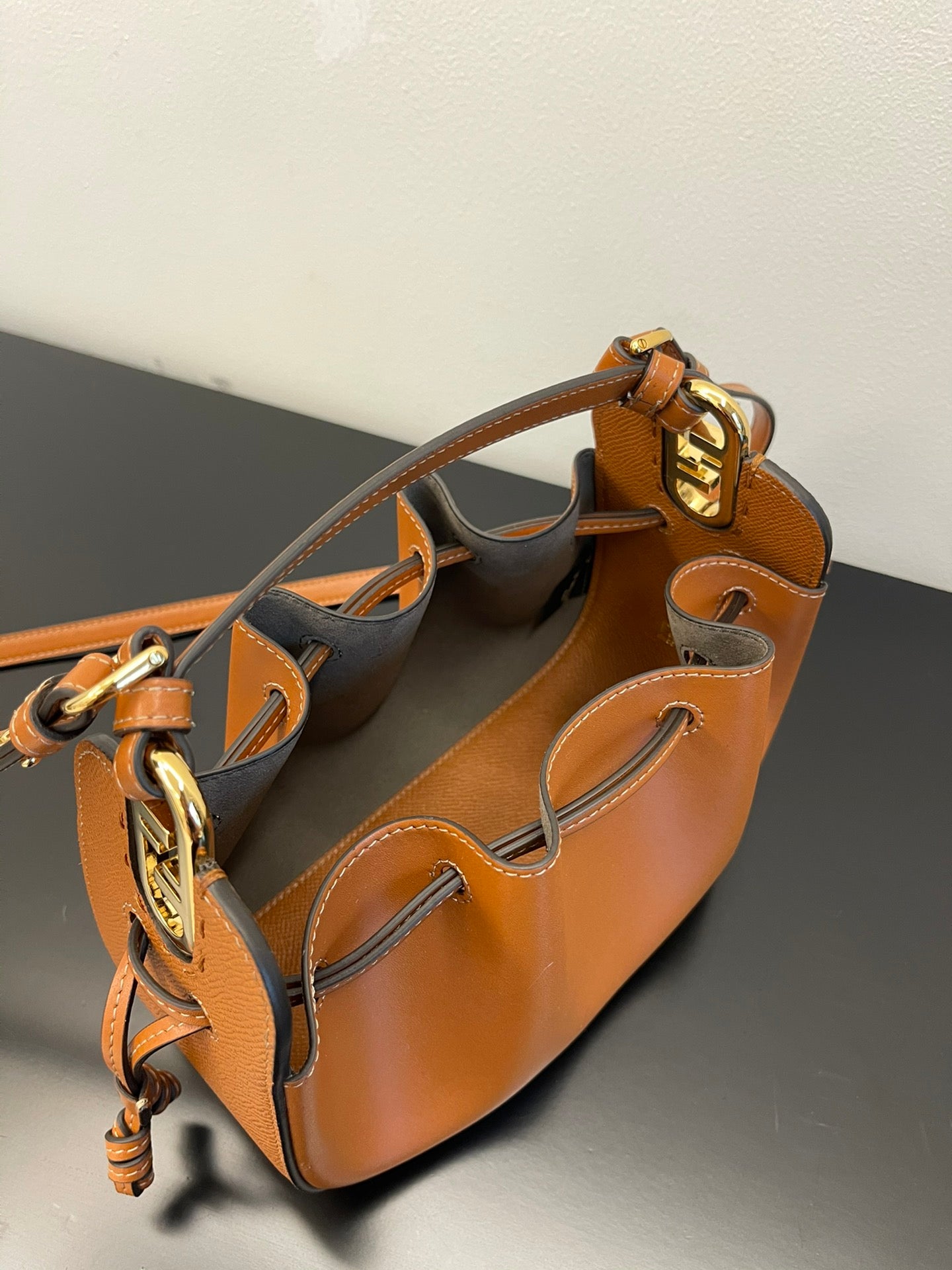 Mini Pleated Leather Drawstring Crossbody Bucket Bag - Tan