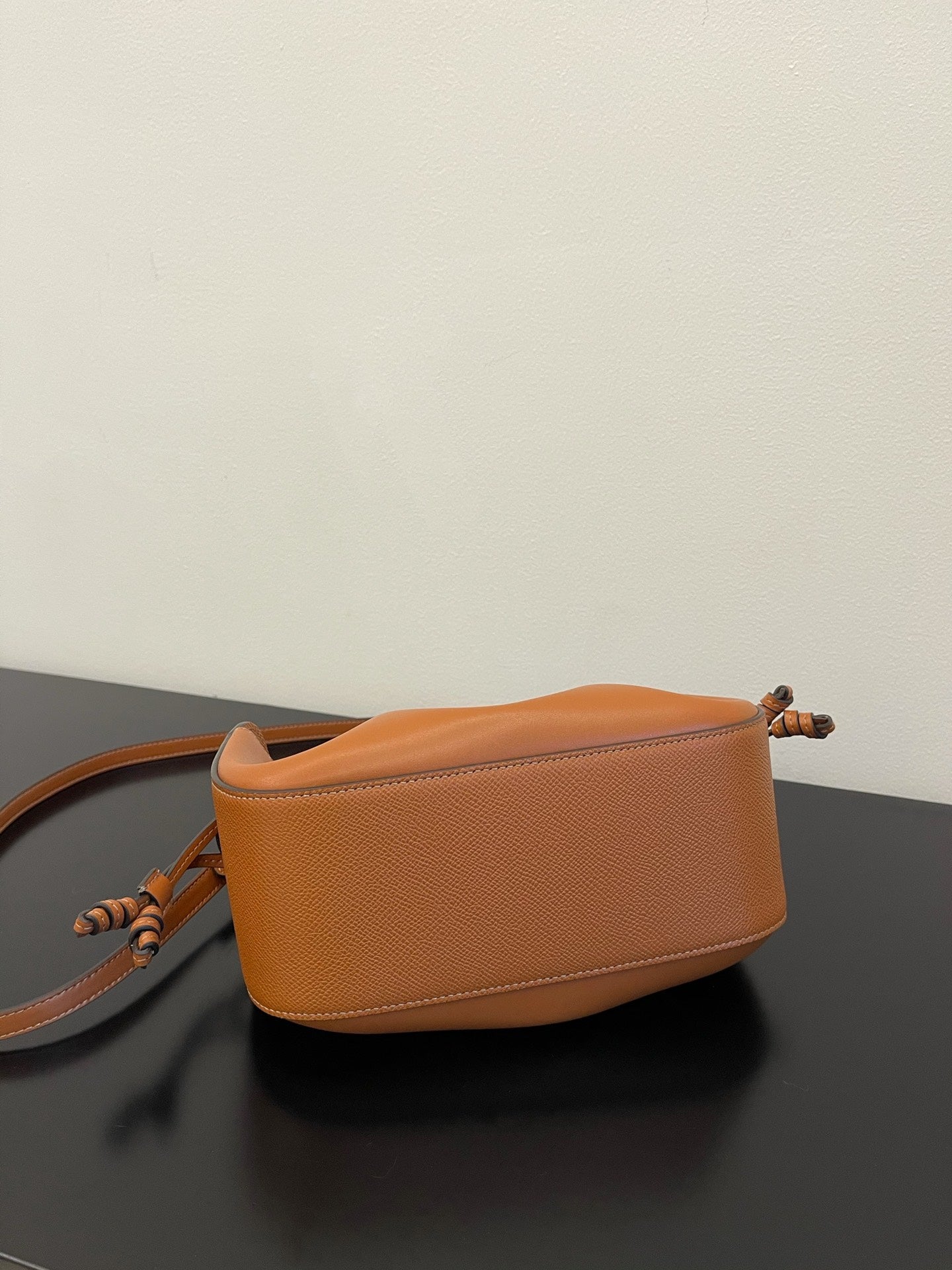 Mini Pleated Leather Drawstring Crossbody Bucket Bag - Tan