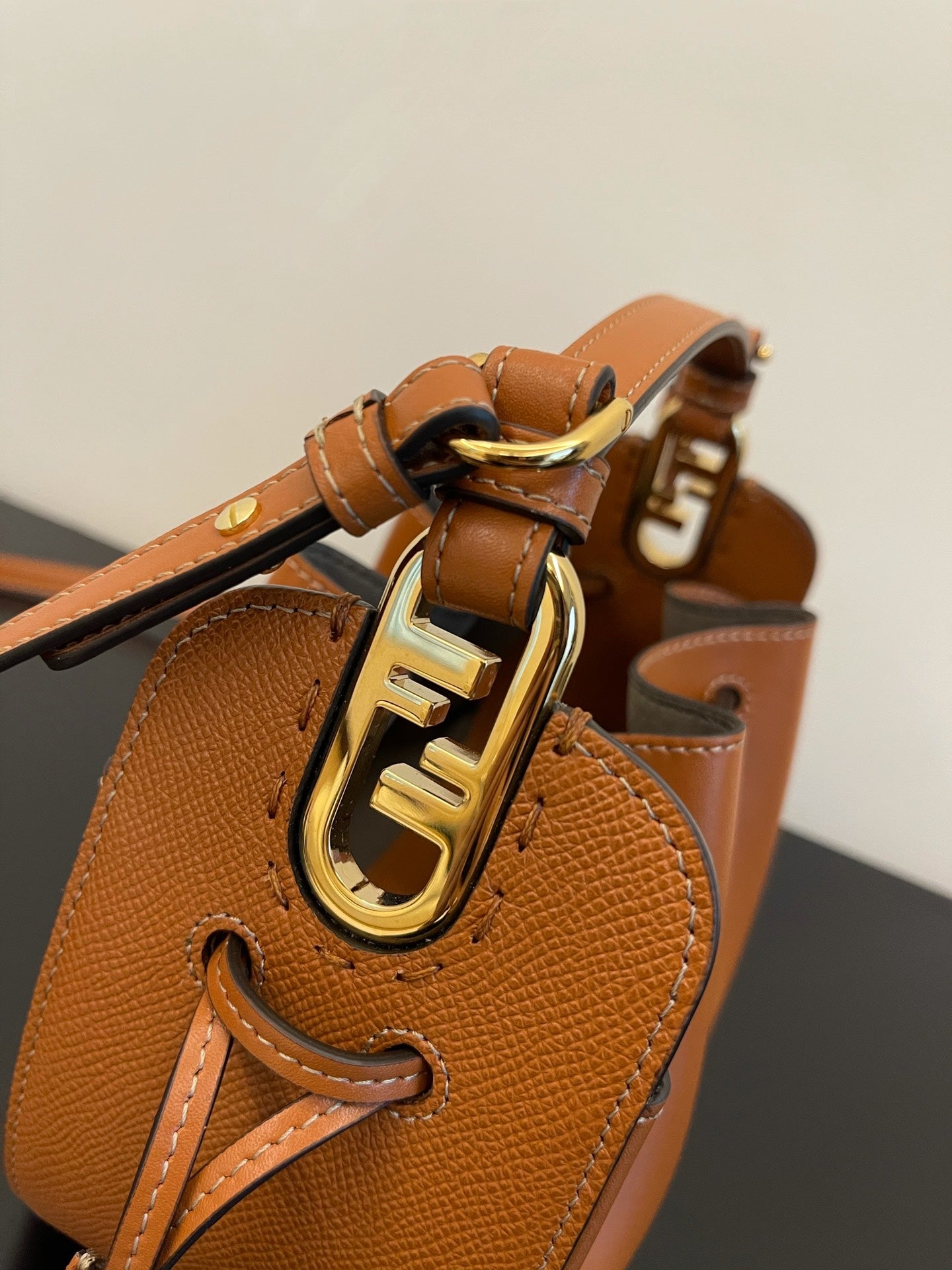 Mini Pleated Leather Drawstring Crossbody Bucket Bag - Tan