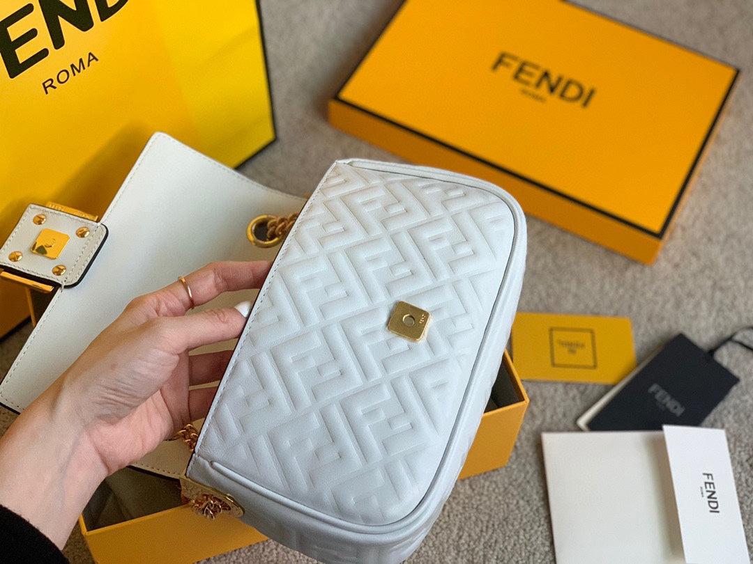 Fendi White Nappa Leather Baguette Bag with FF Motif