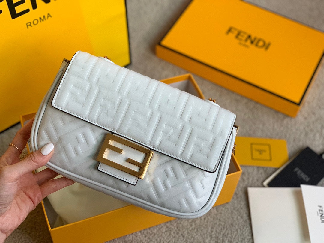 Fendi White Nappa Leather Baguette Bag with FF Motif