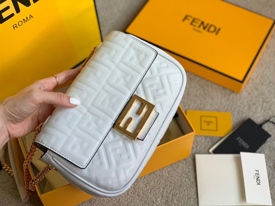 Fendi White Nappa Leather Baguette Bag with FF Motif