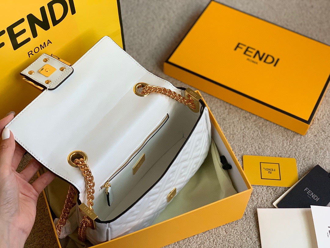 Fendi Baguette White FF Embossed Leather Shoulder Bag