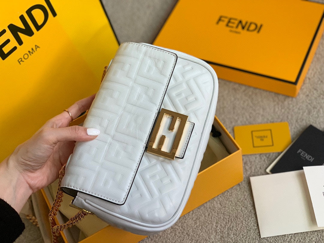 Fendi White Nappa Leather Baguette Bag with FF Motif