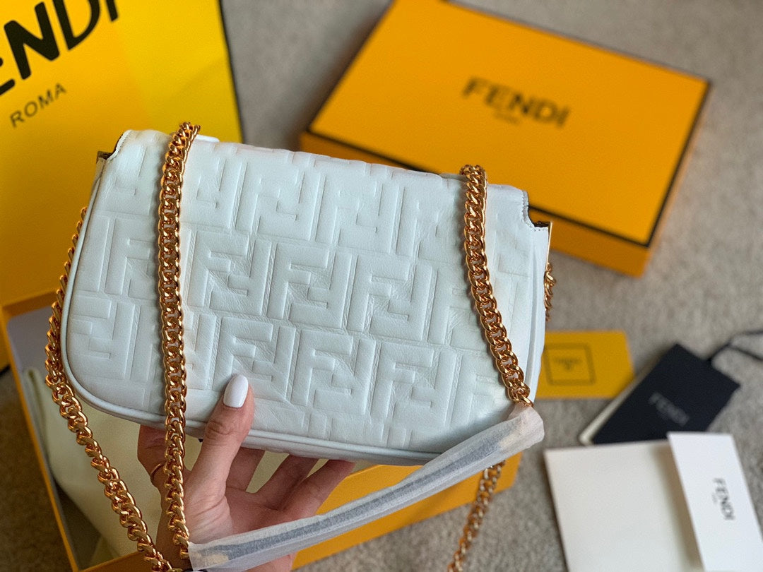 Fendi Baguette White FF Embossed Leather Shoulder Bag