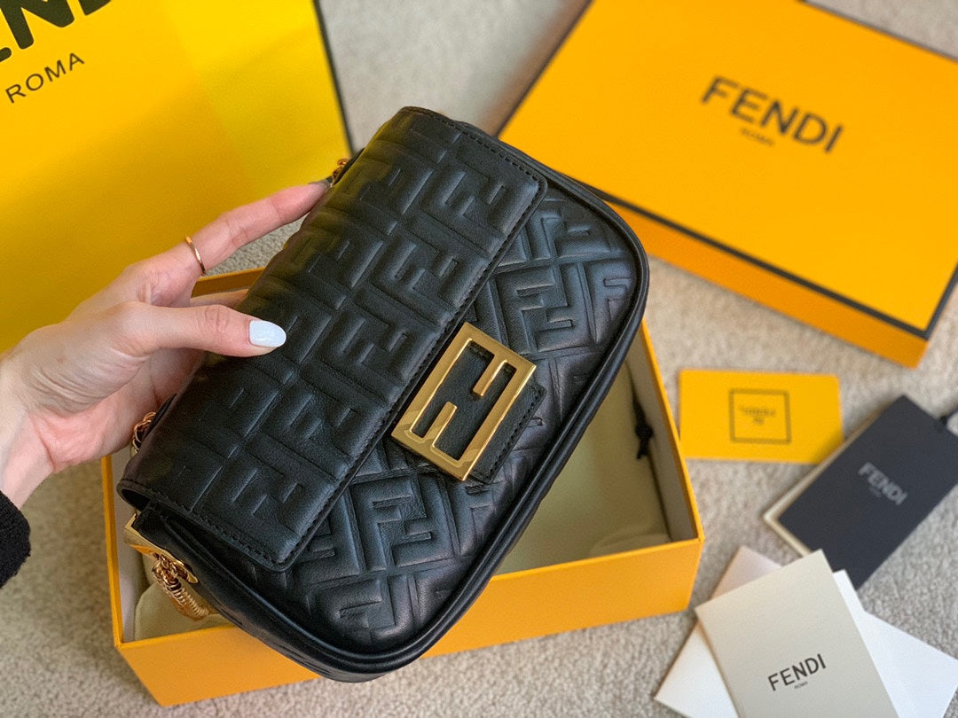 Fendi Baguette Black Embossed FF Leather Shoulder Bag with Gold-Tone Hardware