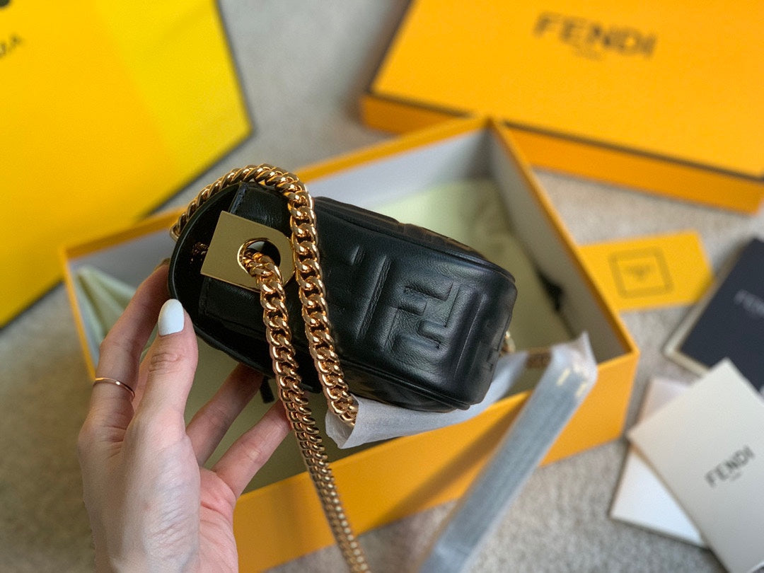 Fendi Black Quilted Nappa Leather Baguette Bag with Gold-Tone FF Logo