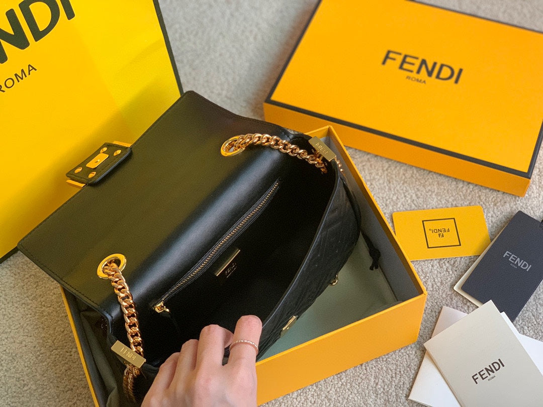 Fendi Baguette Black Embossed FF Leather Shoulder Bag with Gold-Tone Hardware