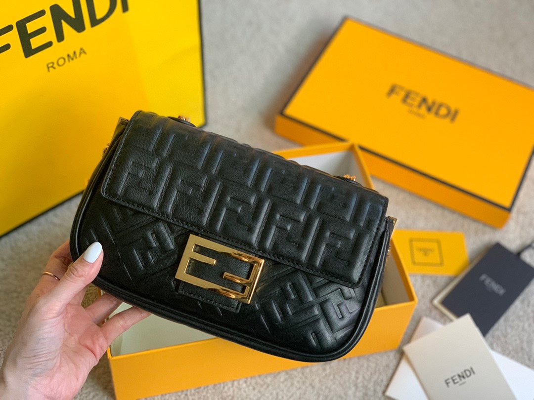 Fendi Black Quilted Nappa Leather Baguette Bag with Gold-Tone FF Logo