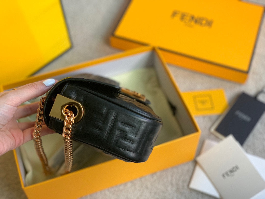 Fendi Baguette Black Embossed FF Leather Shoulder Bag with Gold-Tone Hardware