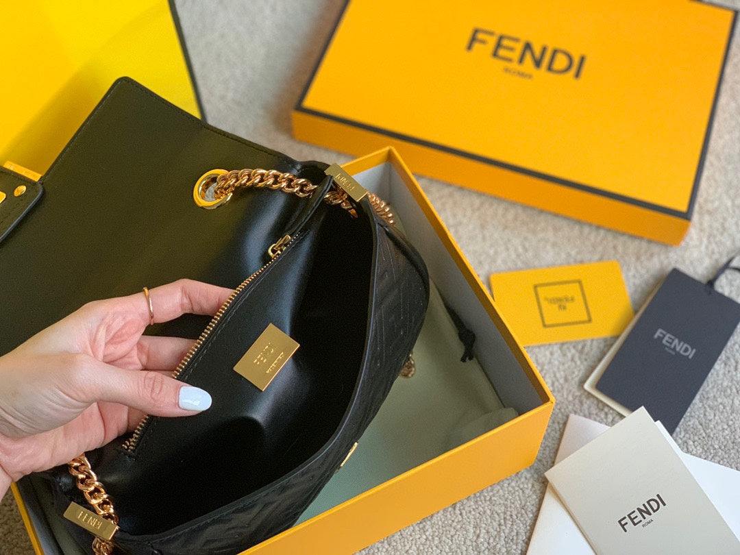 Fendi Baguette Black Embossed FF Leather Shoulder Bag with Gold-Tone Hardware