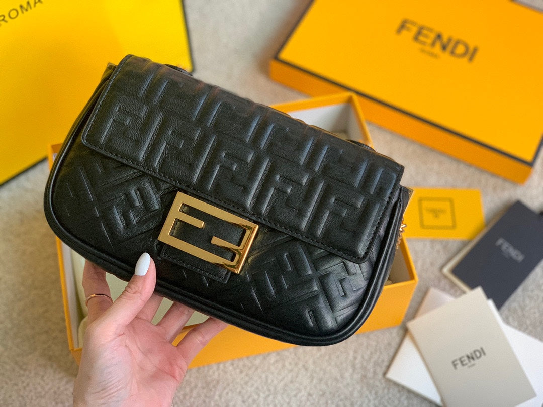Fendi Black Quilted Nappa Leather Baguette Bag with Gold-Tone FF Logo