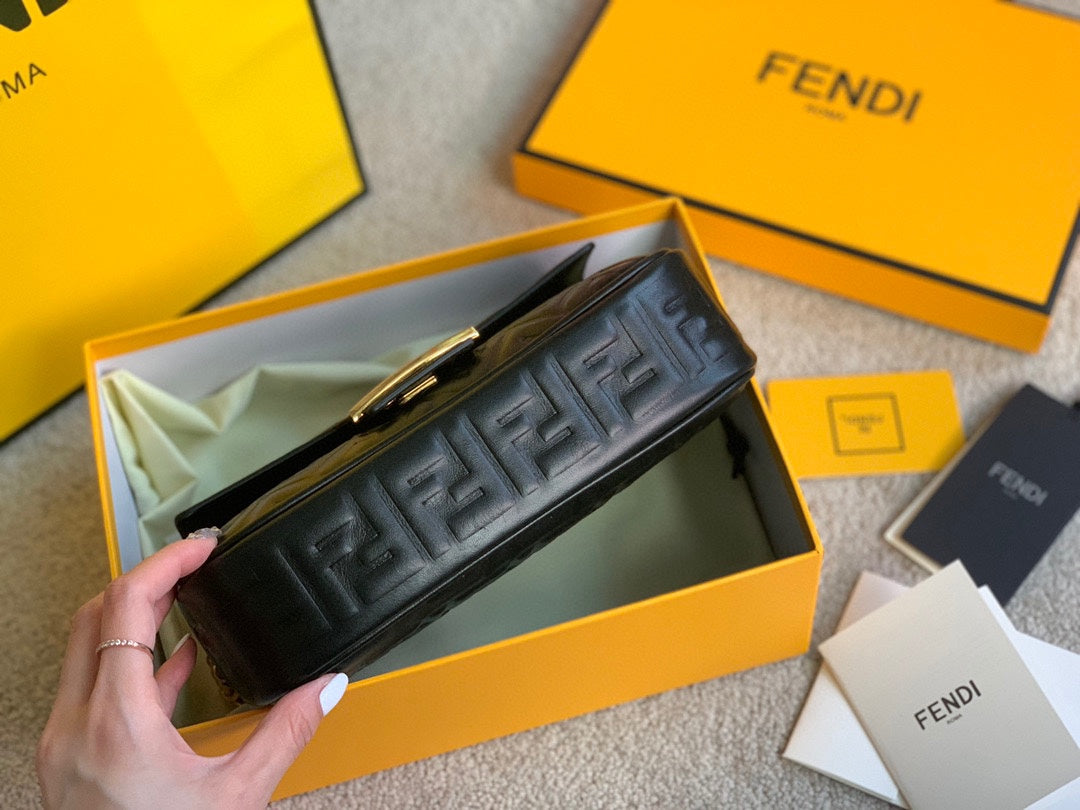 Fendi Baguette Black Embossed FF Leather Shoulder Bag with Gold-Tone Hardware