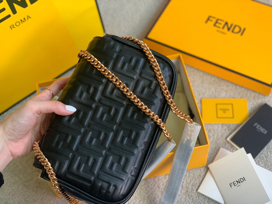 Fendi Black Quilted Nappa Leather Baguette Bag with Gold-Tone FF Logo