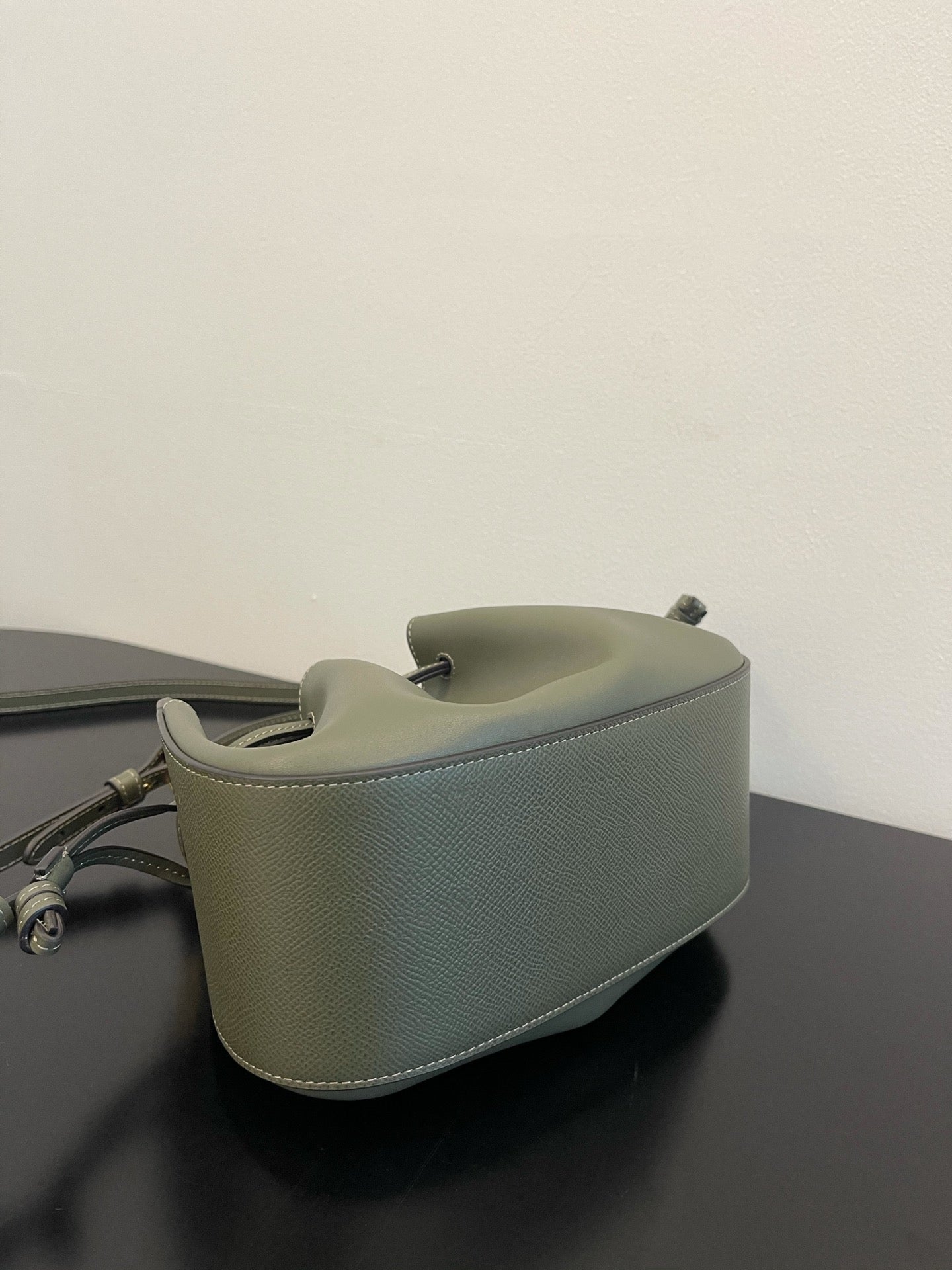 Women's Mini Leather Drawstring Bucket Bag - Olive Green