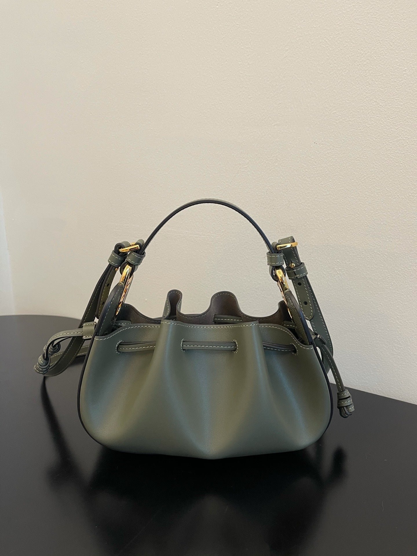Women's Mini Leather Drawstring Bucket Bag - Olive Green