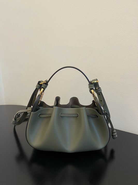Women's Mini Leather Drawstring Bucket Bag - Olive Green