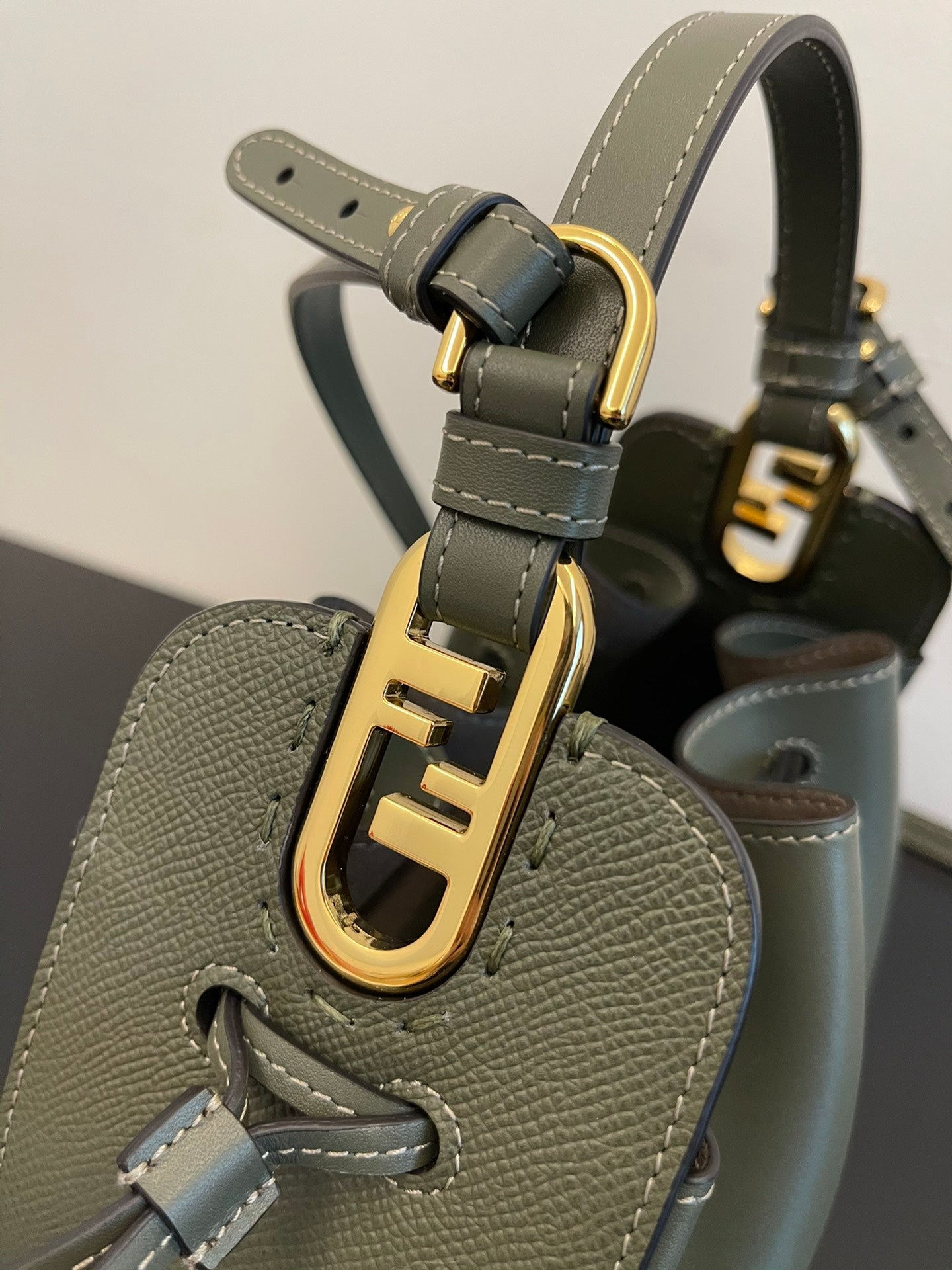 Women's Mini Leather Drawstring Bucket Bag - Olive Green