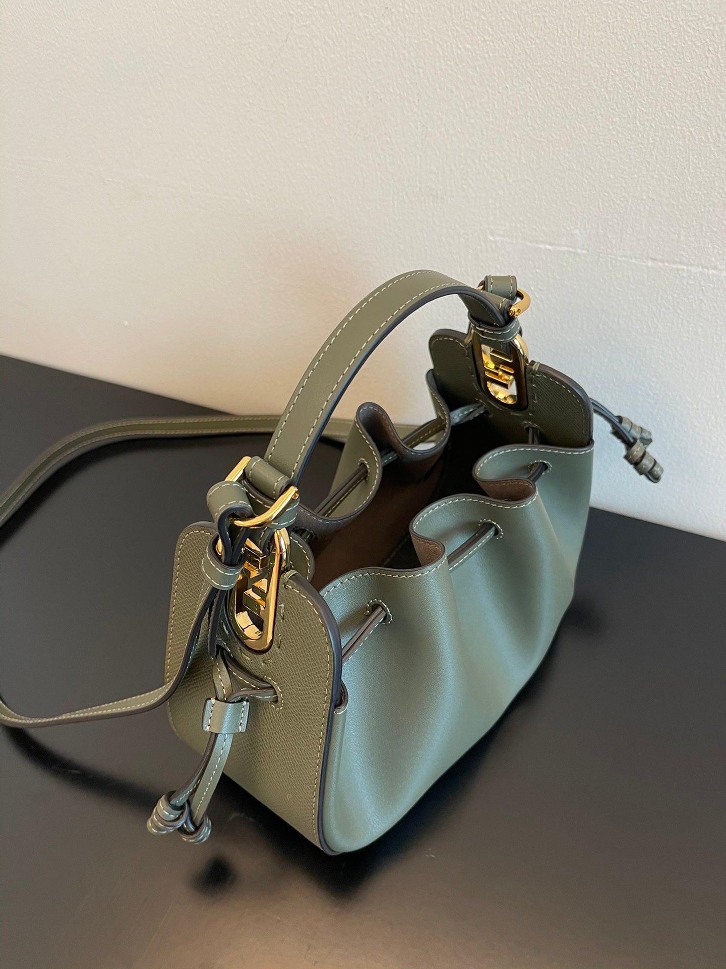 Women's Mini Leather Drawstring Bucket Bag - Olive Green