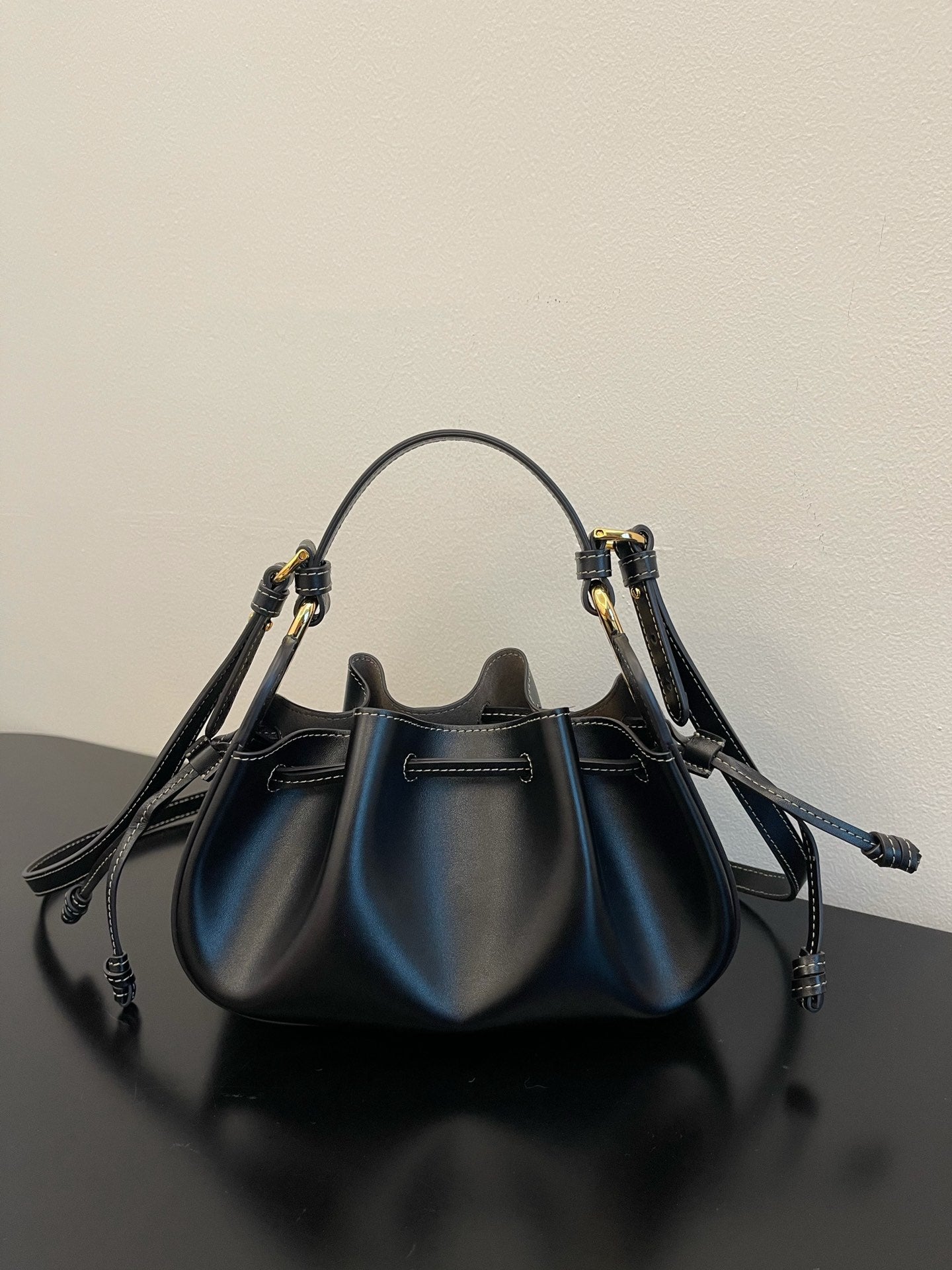 Elegant Black Mini Drawstring Bucket Bag - Leather Crossbody Handbag with Top Handle
