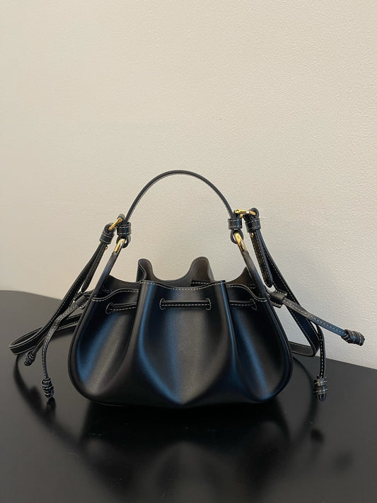 Elegant Black Mini Drawstring Bucket Bag - Leather Crossbody Handbag with Top Handle