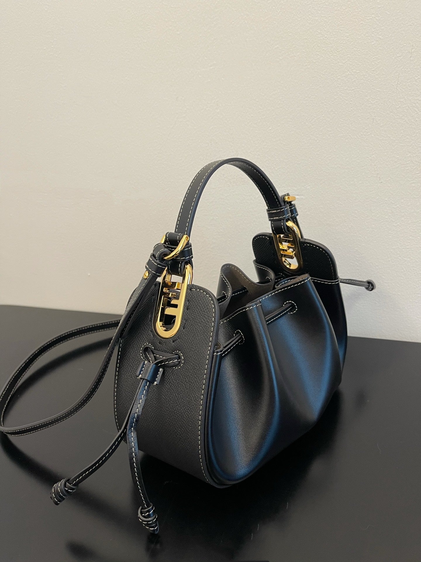 Elegant Black Mini Drawstring Bucket Bag - Leather Crossbody Handbag with Top Handle