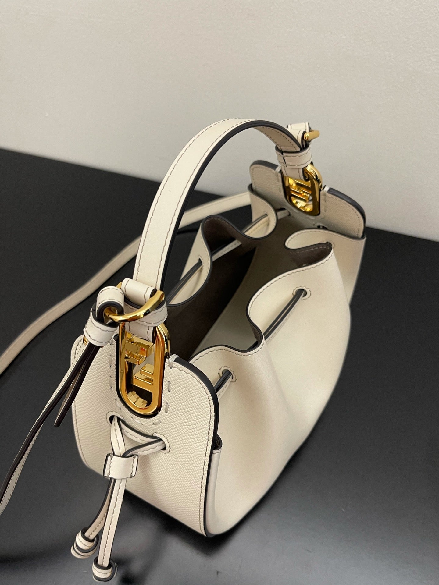 Mini Cream Leather Bucket Bag with Crossbody Strap
