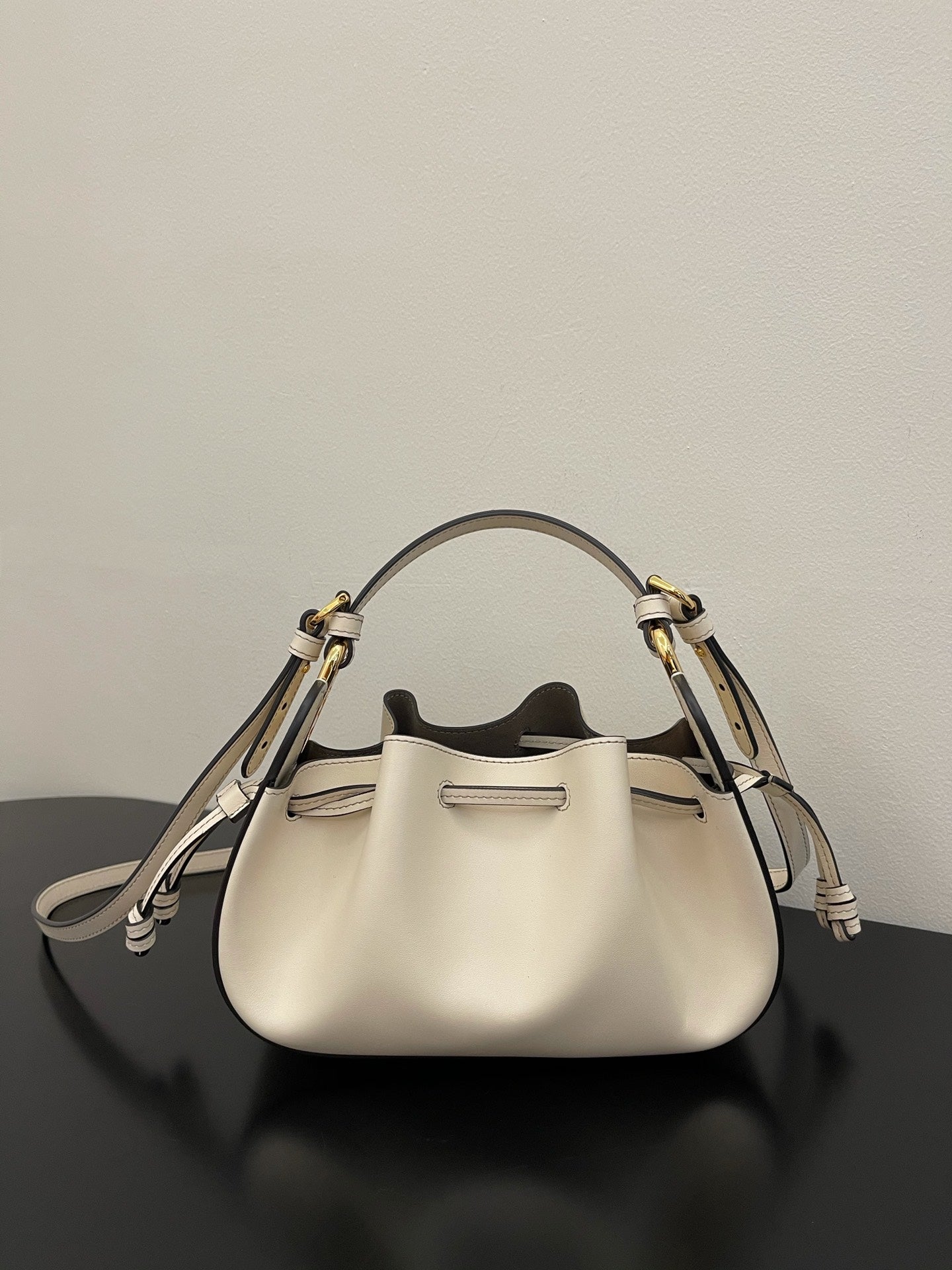 Mini Cream Leather Bucket Bag with Crossbody Strap