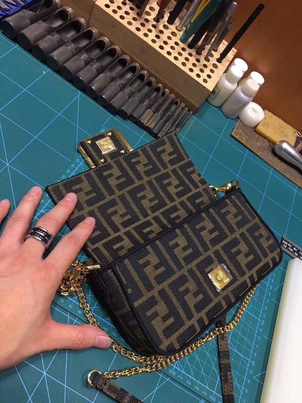 Fendi Mini Baguette Bag in Tobacco Zucca Canvas with Gold-Tone FF Buckle