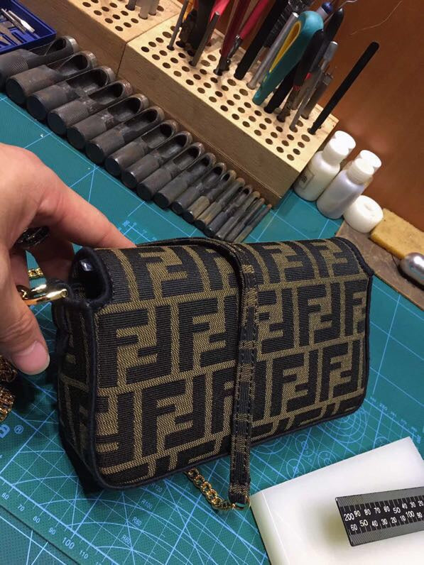 Fendi Mini Baguette Bag in Zucca Monogram Canvas with Gold Hardware