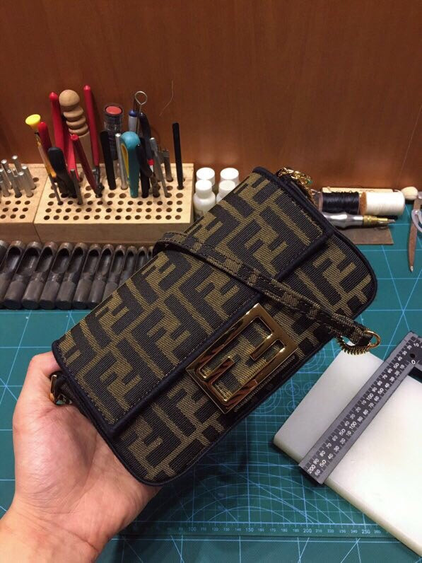 Fendi Mini Baguette Bag in Brown Zucca Canvas with Gold-Tone Hardware