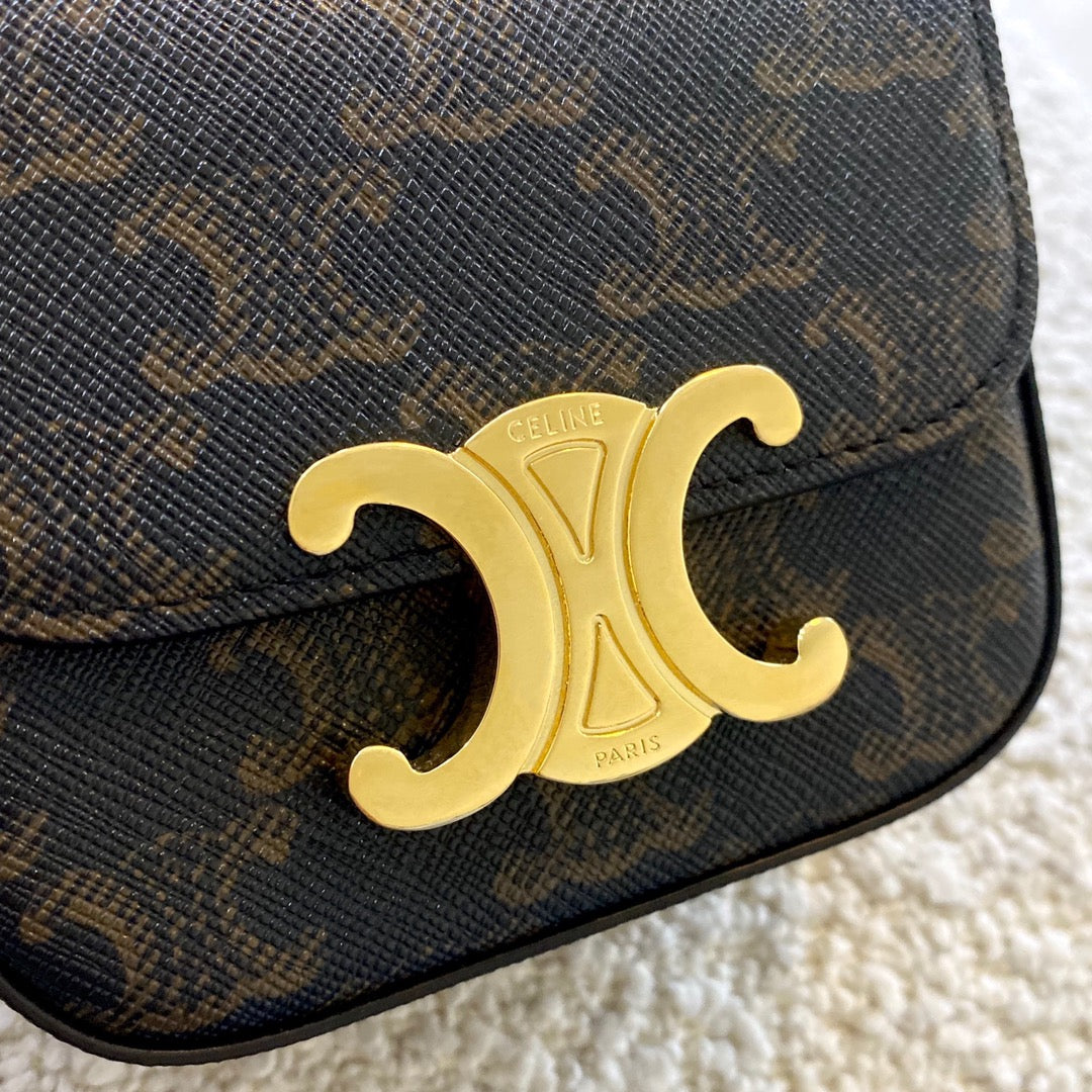 Celine Mini Triomphe Bag in Triomphe Canvas and Calfskin - Tan