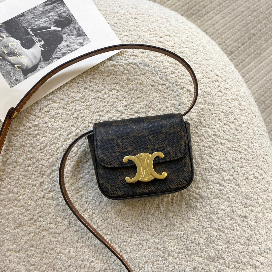 Celine Mini Triomphe Bag in Triomphe Canvas and Calfskin - Tan