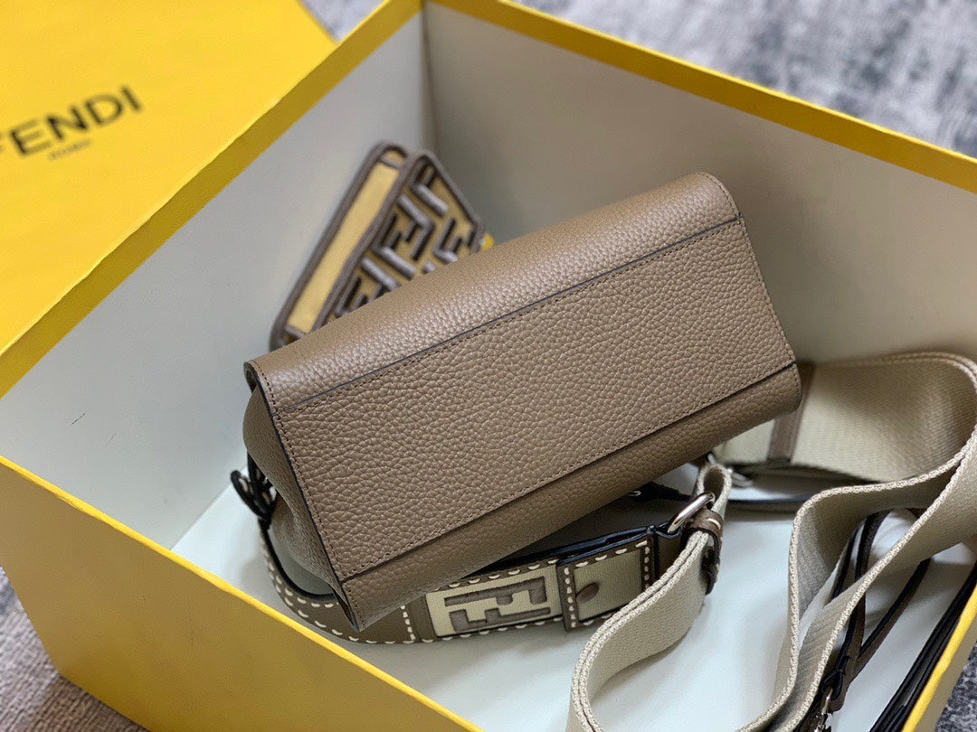 Fendi Peekaboo Iconic Mini Brown Leather Handbag with FF Logo Strap and Charm