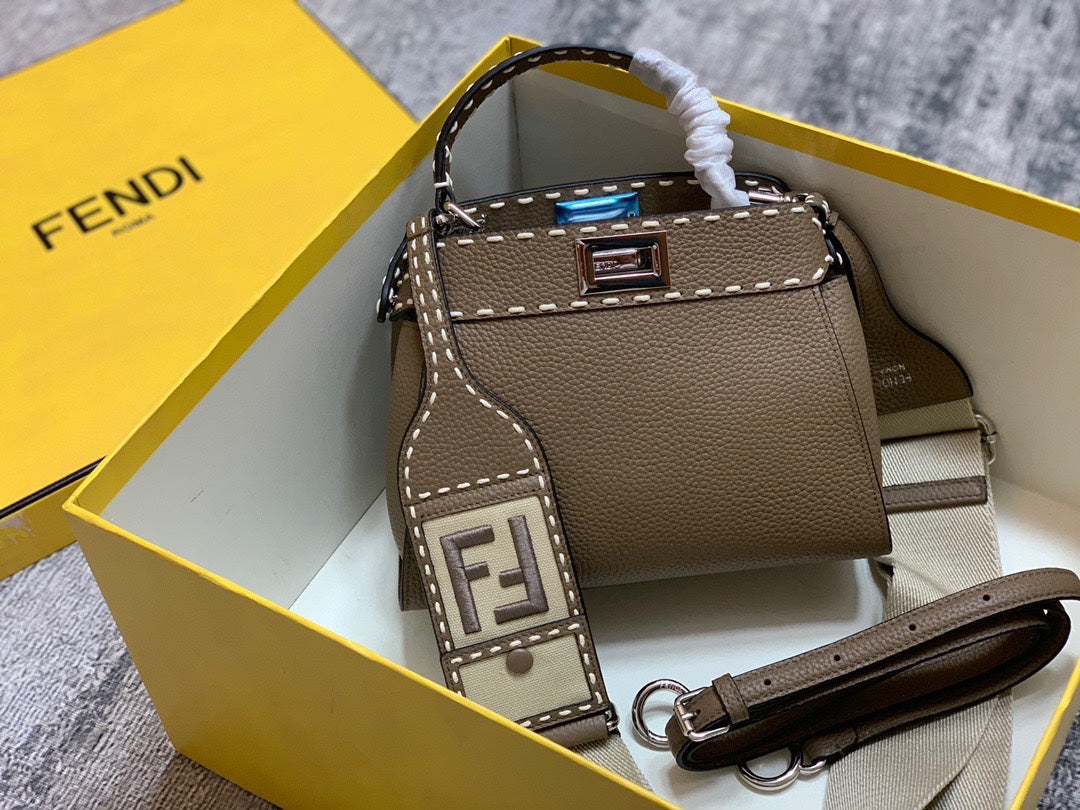 Fendi Peekaboo ISeeU Medium Leather Bag with FF Motif Strap and Mini Bag Charm - Brown