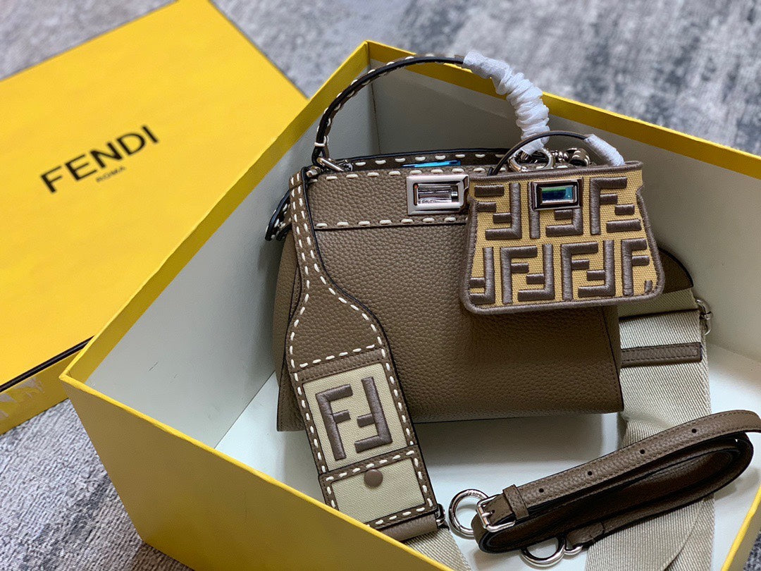 Fendi Peekaboo Iconic Mini Brown Leather Handbag with FF Logo Strap and Charm