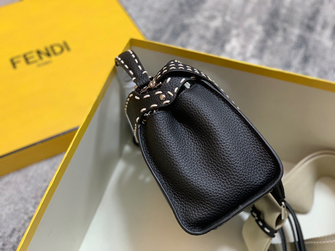 Fendi Black Leather Peekaboo ISeeU Handbag with FF Logo Strap &amp; Mini Pouch