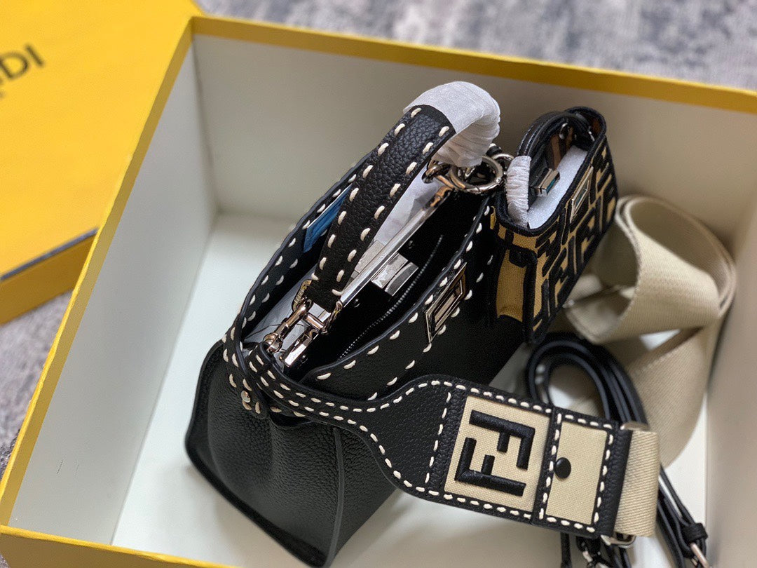 Fendi Black Leather Peekaboo ISeeU Handbag with FF Logo Strap &amp; Mini Pouch