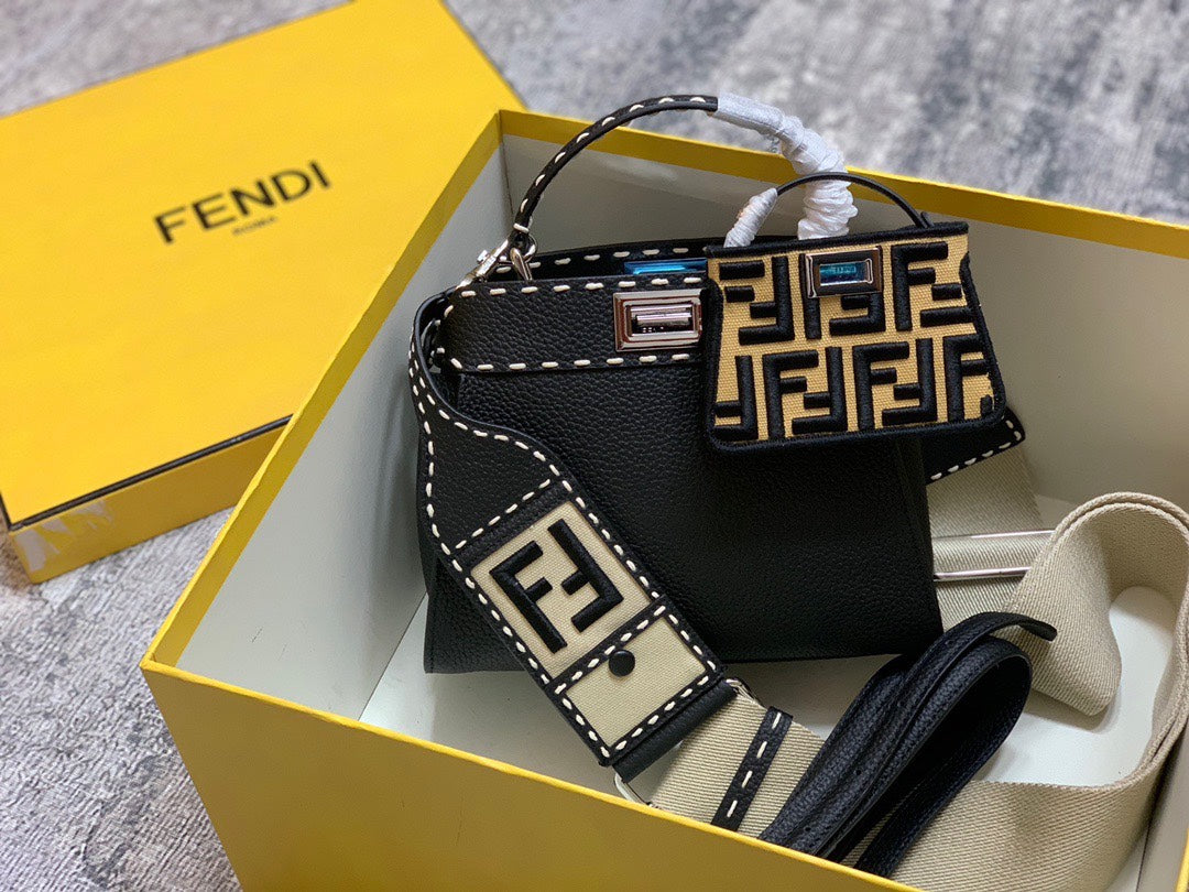 Fendi Black Leather Peekaboo ISeeU Handbag with FF Logo Strap &amp; Mini Pouch