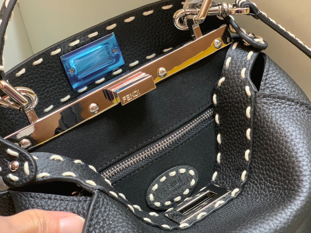 Fendi Black Leather Peekaboo ISeeU Handbag with FF Logo Strap &amp; Mini Pouch