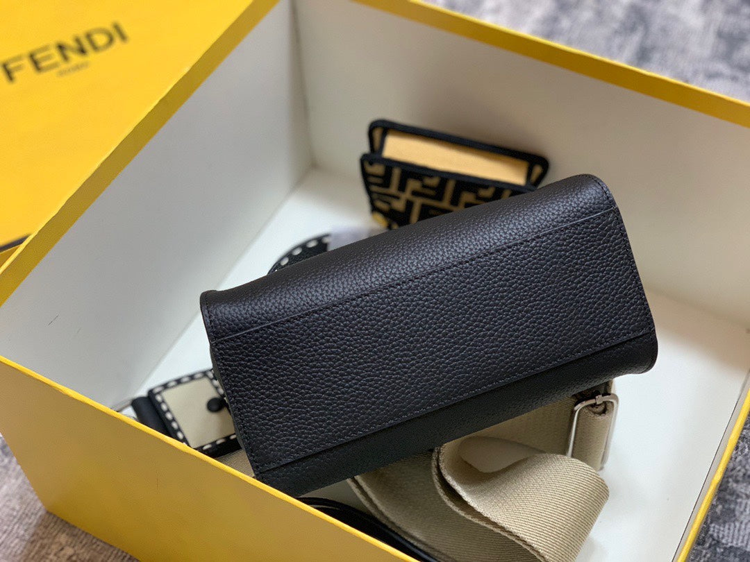 Fendi Peekaboo ISeeU Black Leather Handbag with FF Logo Strap and Mini Pouch