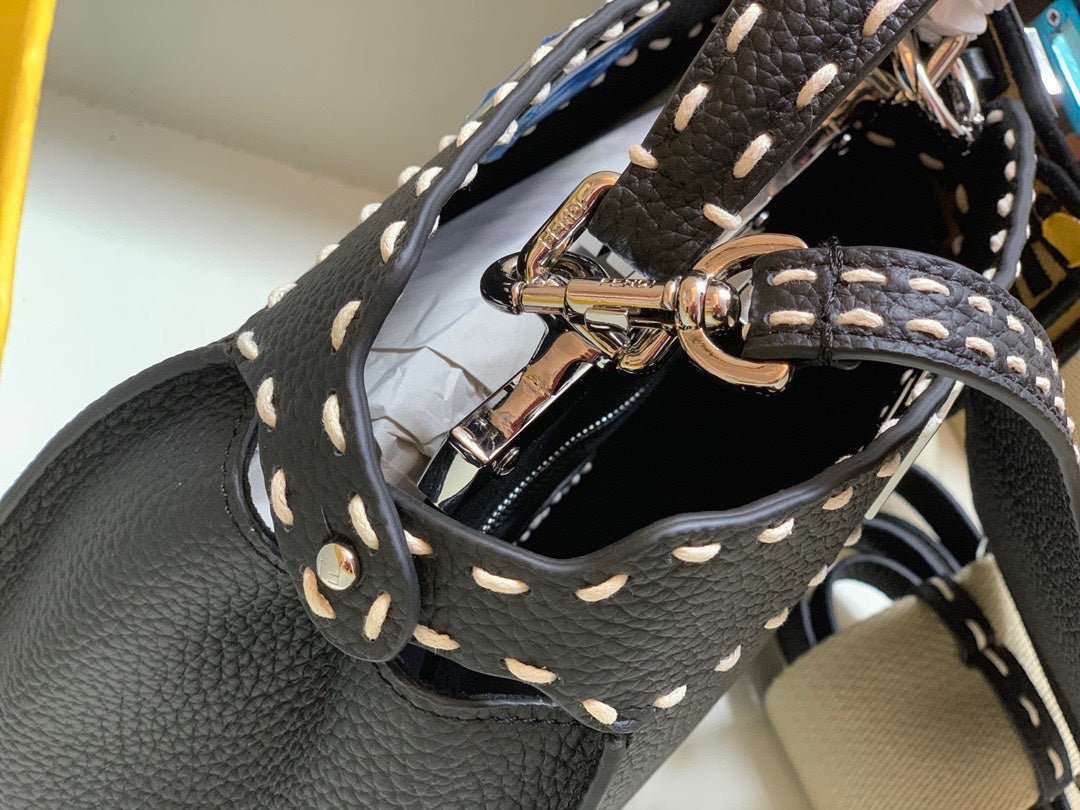 Fendi Black Leather Peekaboo ISeeU Handbag with FF Logo Strap &amp; Mini Pouch