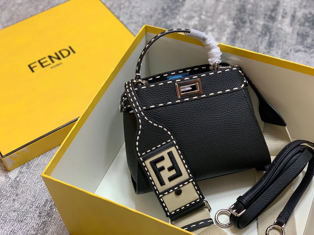 Fendi Black Leather Peekaboo ISeeU Handbag with FF Logo Strap &amp; Mini Pouch