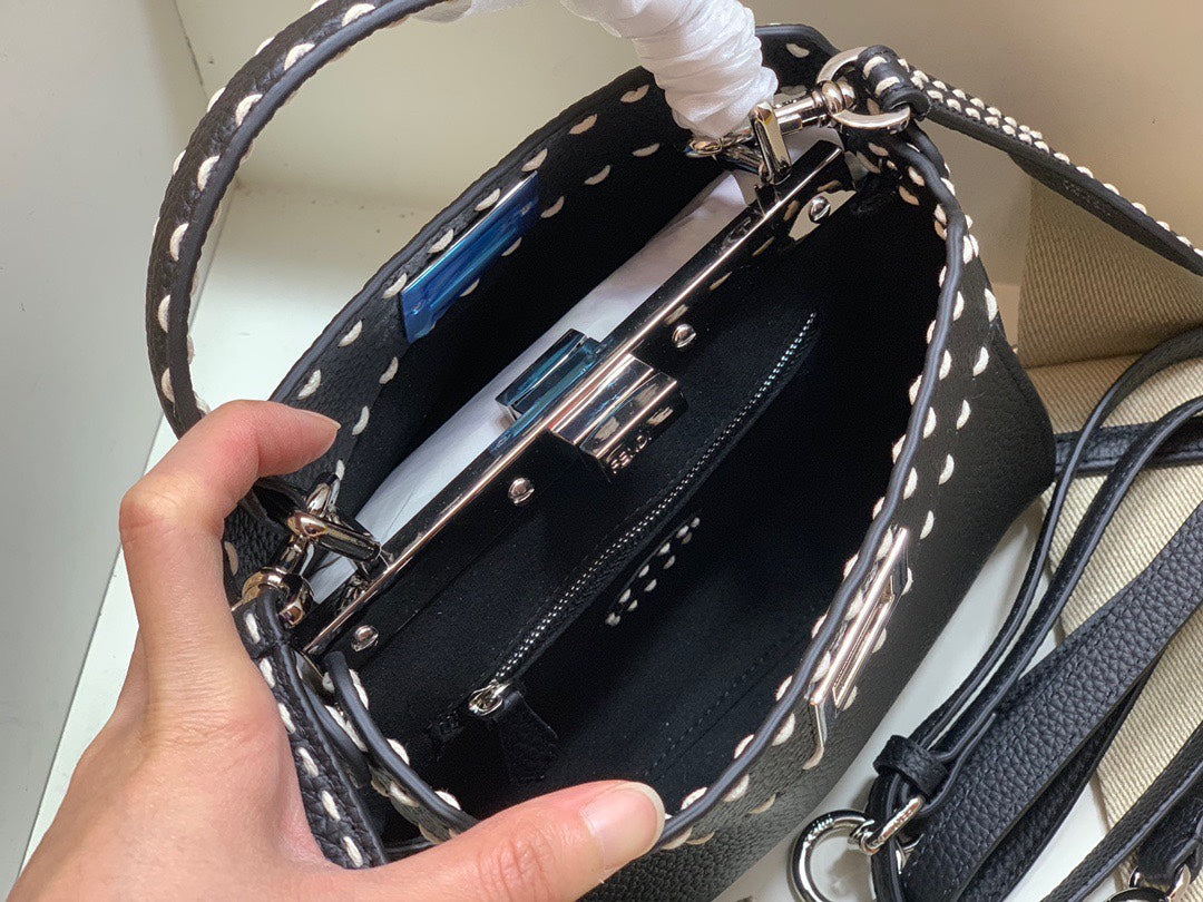 Fendi Black Leather Peekaboo ISeeU Handbag with FF Logo Strap &amp; Mini Pouch