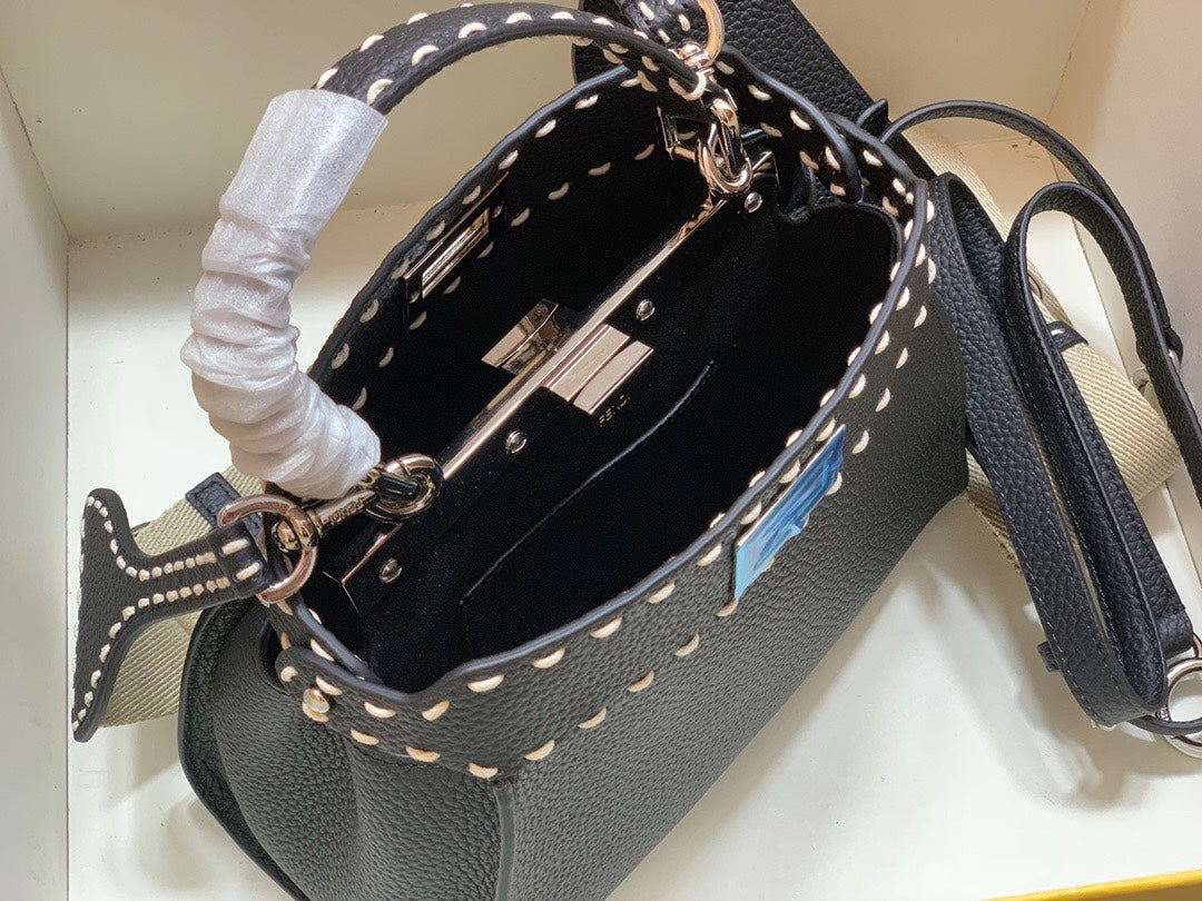 Fendi Peekaboo ISeeU Black Leather Handbag with FF Logo Strap and Charm