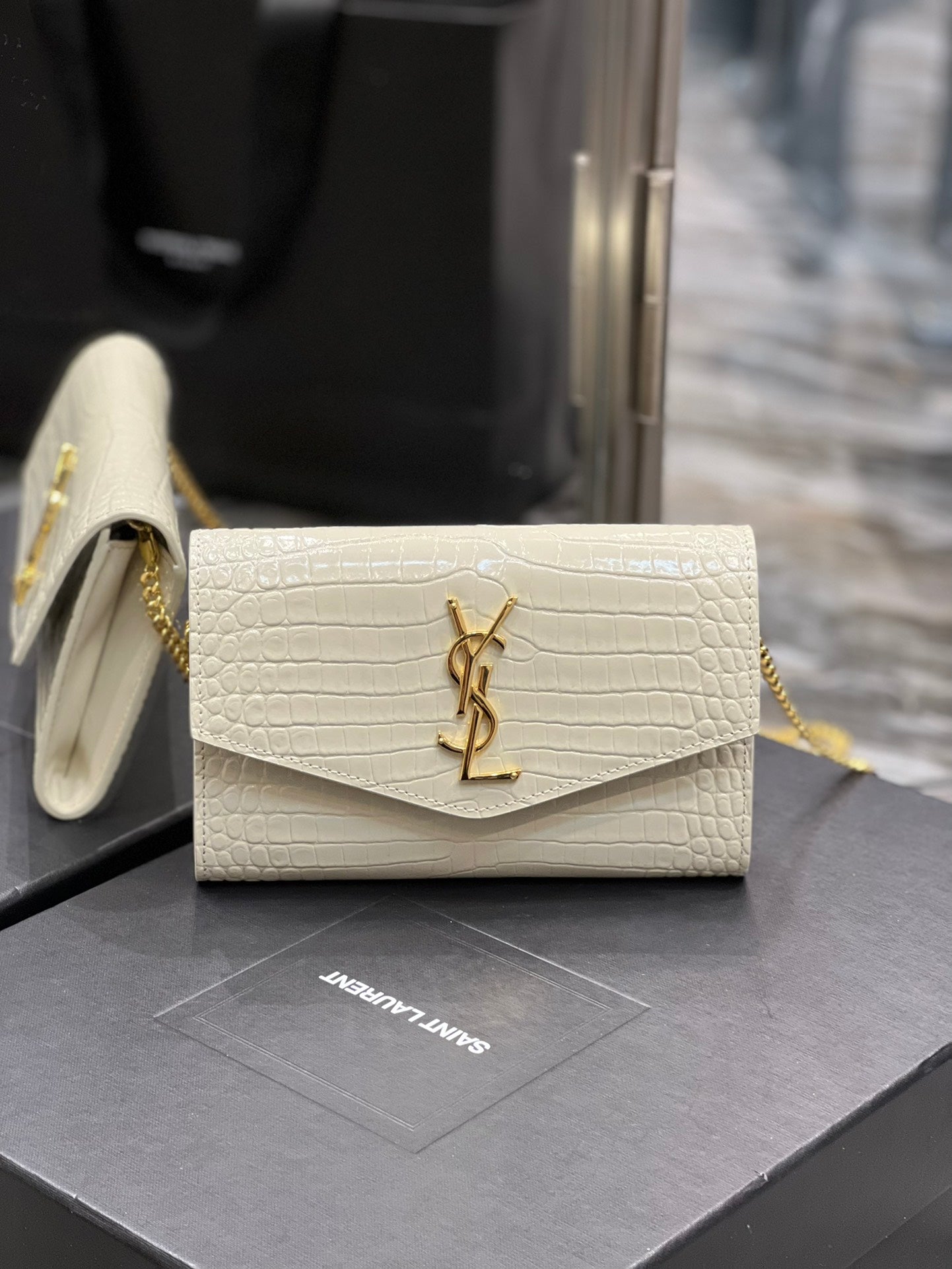 Saint Laurent Uptown Chain Wallet in Croc-Embossed Leather - White