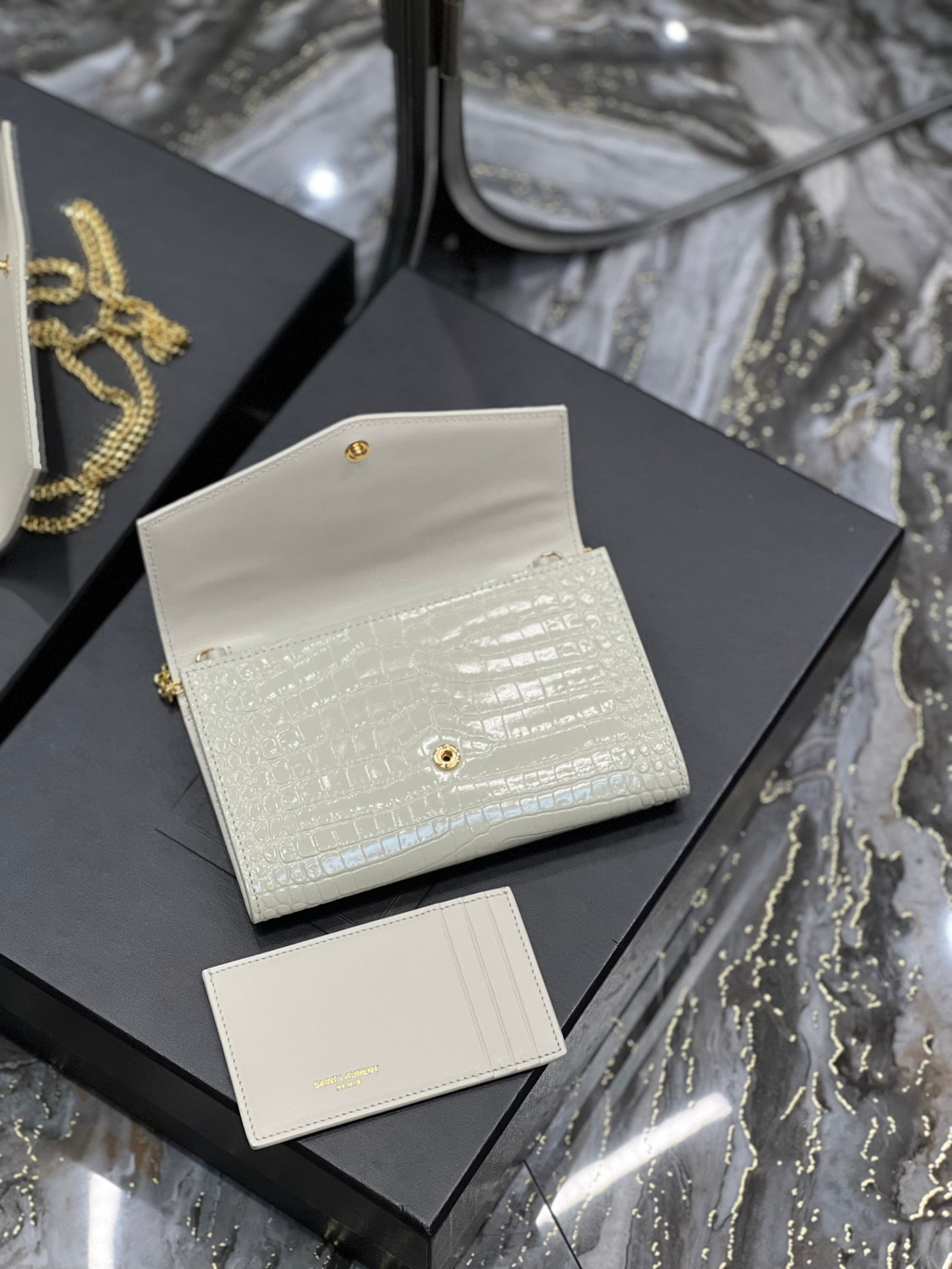 Saint Laurent Uptown Chain Wallet in Croc-Embossed Leather - White