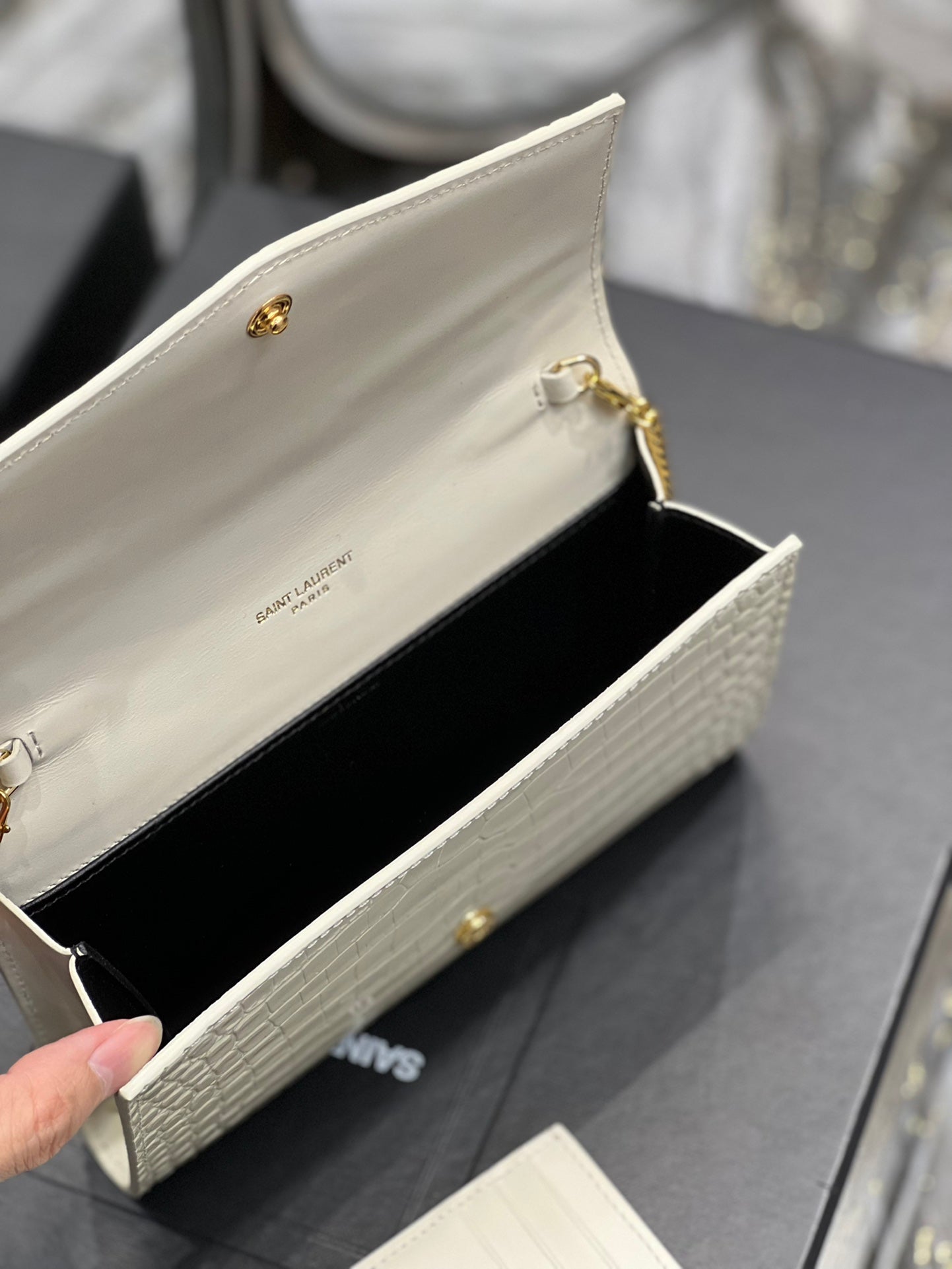 Saint Laurent Uptown Chain Wallet in Croc-Embossed Leather - White