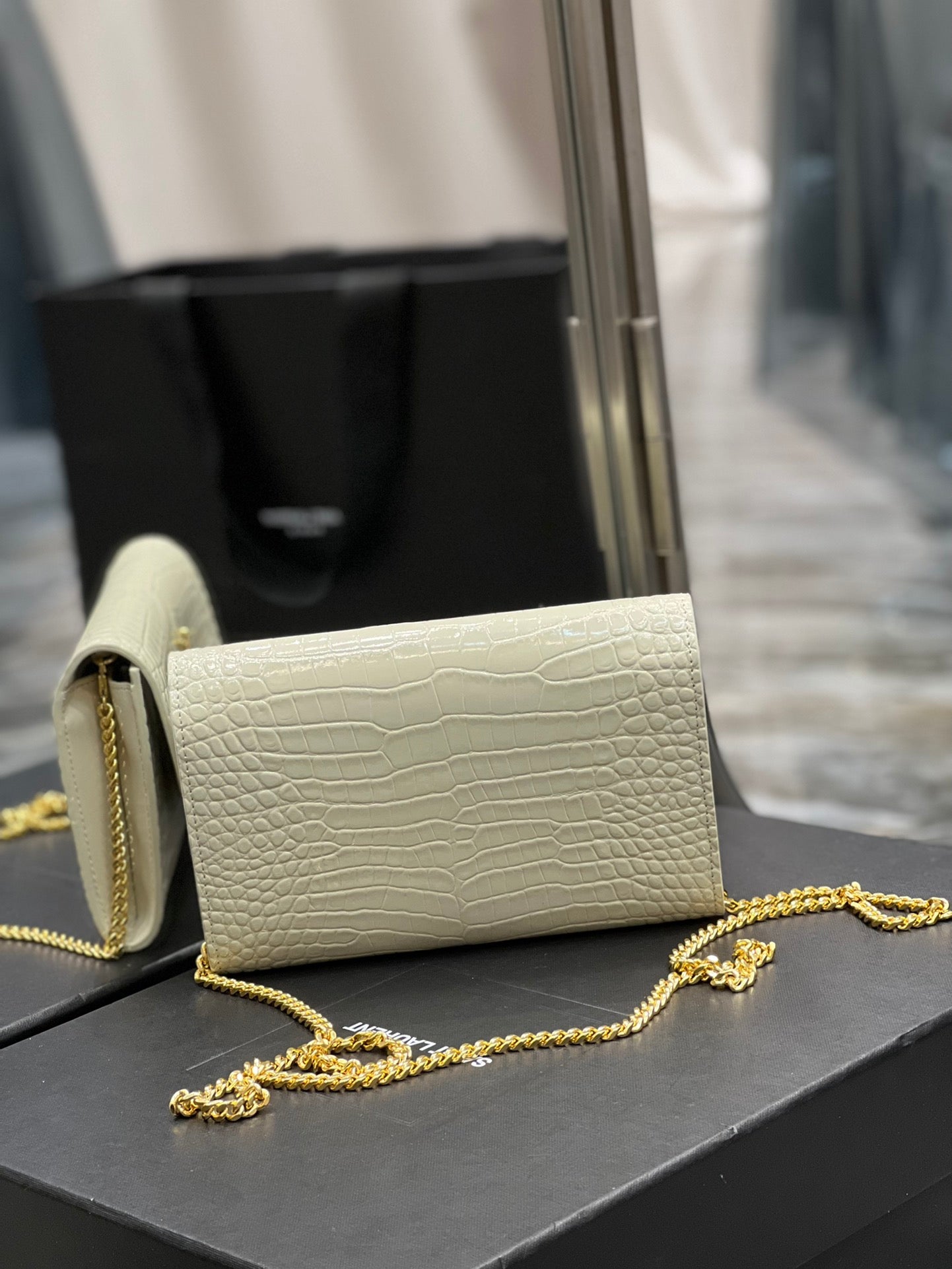 Saint Laurent Uptown Chain Wallet in Croc-Embossed Leather - White