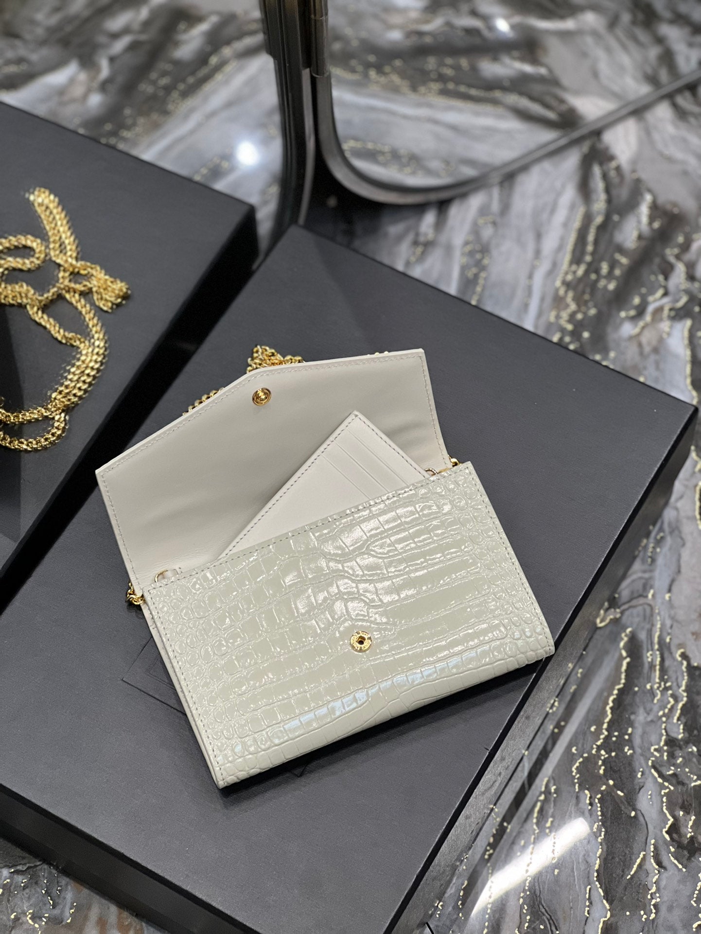 Saint Laurent Uptown Chain Wallet in Croc-Embossed Leather - White
